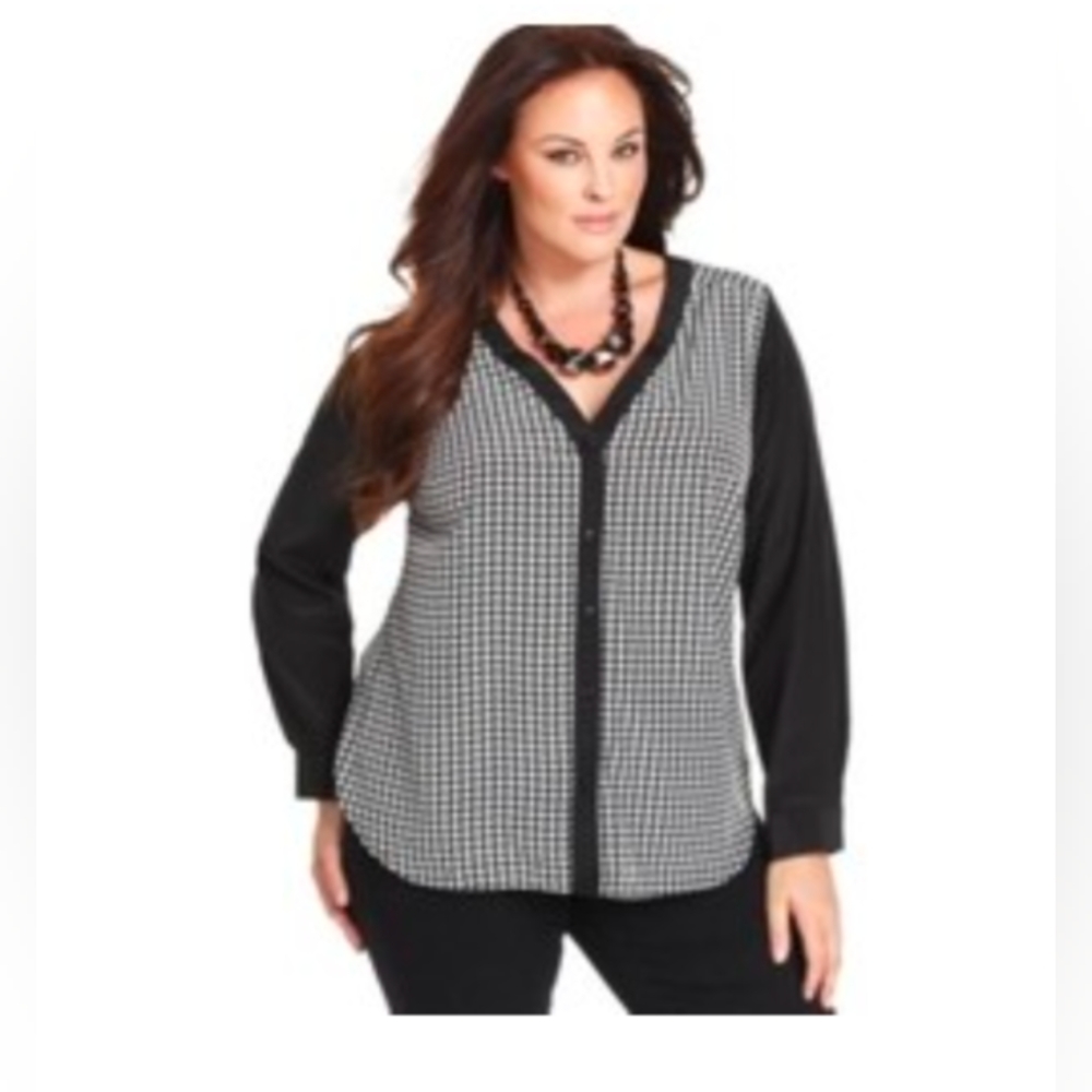 Long Sleeve Houndstooth Print Blouse, White and Black by Elements. Plus …